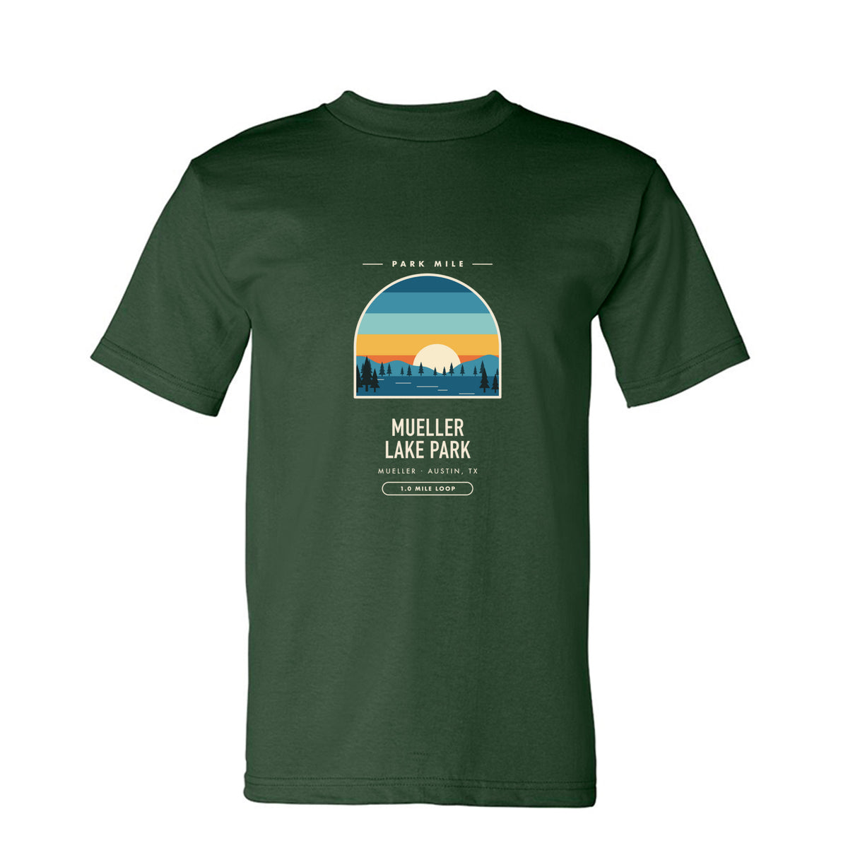Mueller Lake Park Finisher Tee in Forest Green – front