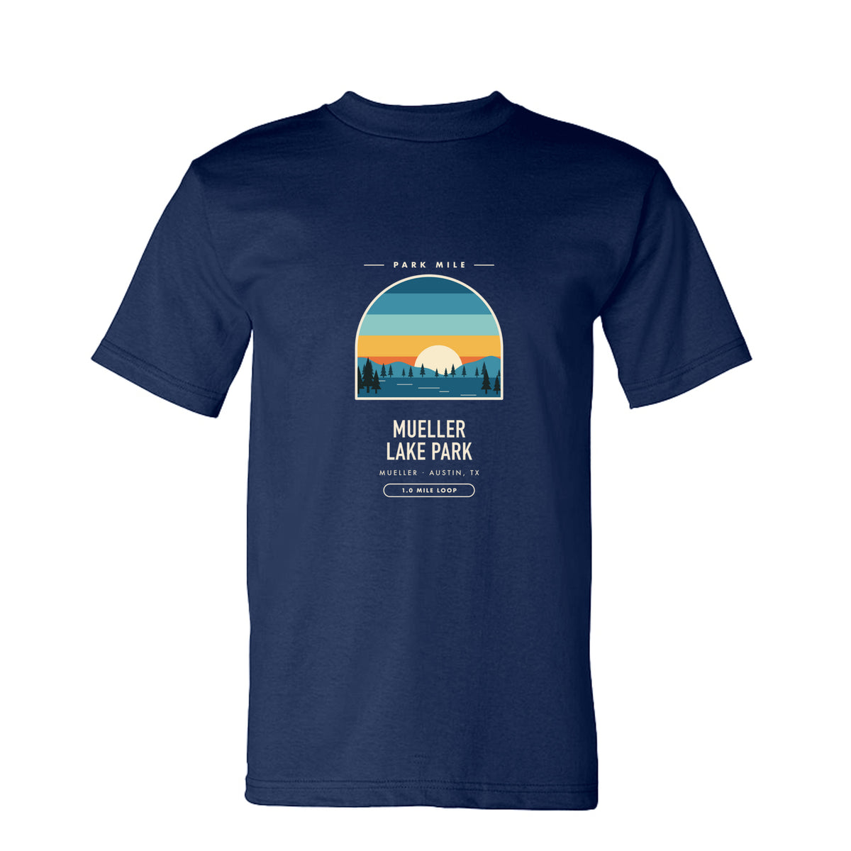 Mueller Lake Park Finisher Tee in Navy – front