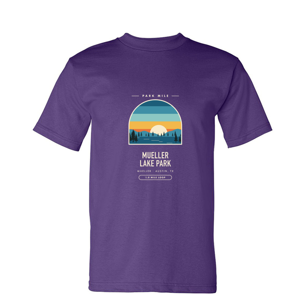 Mueller Lake Park Finisher Tee in Purple – front