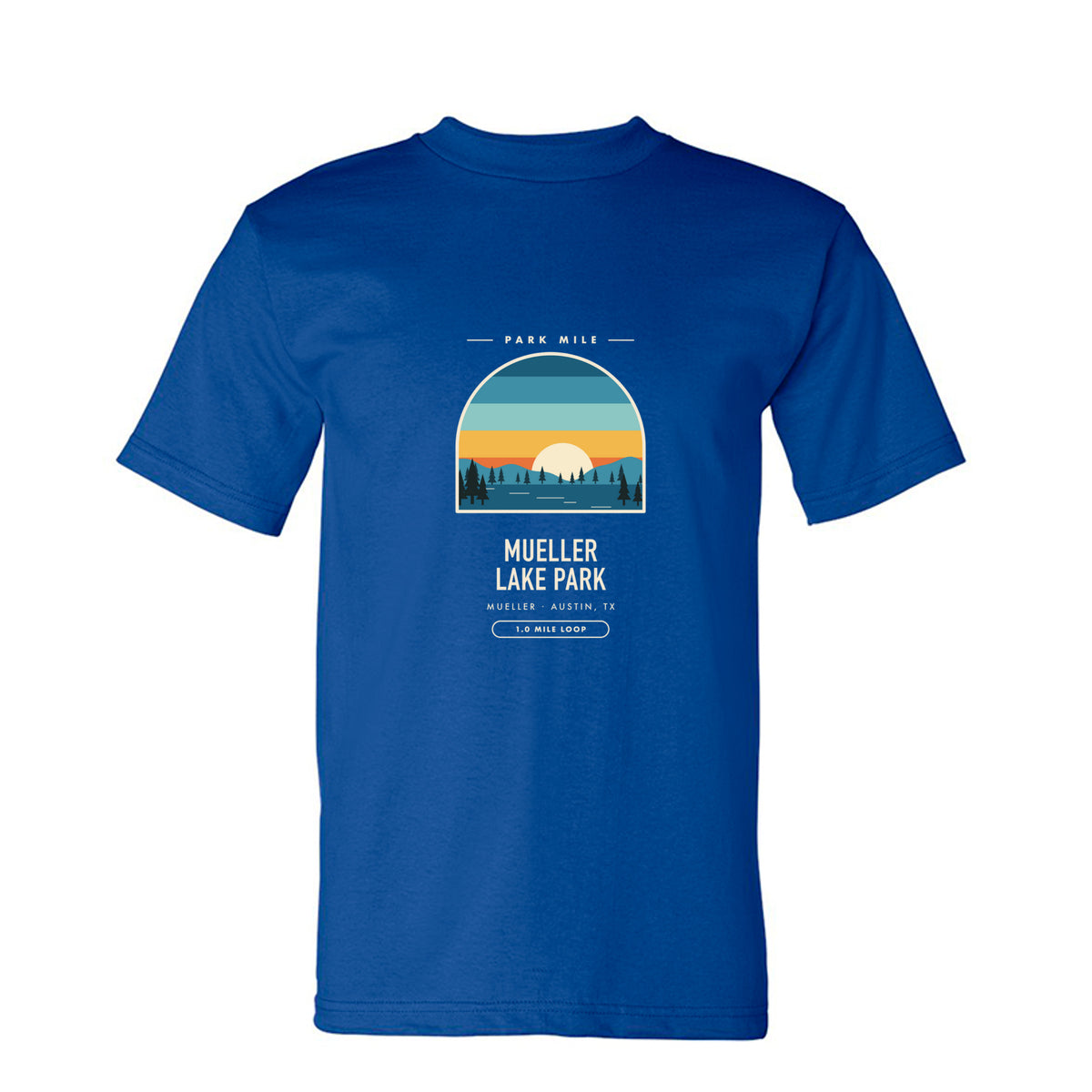 Mueller Lake Park Finisher Tee in Royal – front
